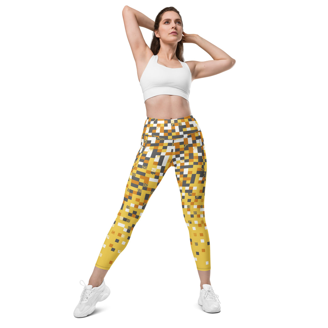 Leggings with pockets - Yellow-Grey Pixel