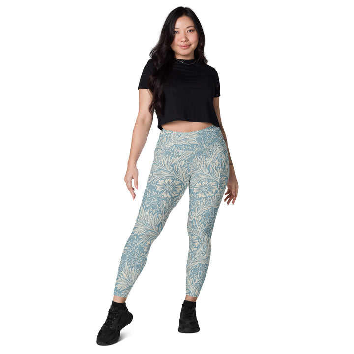 Leggings with pockets - Beige-Blue Flower