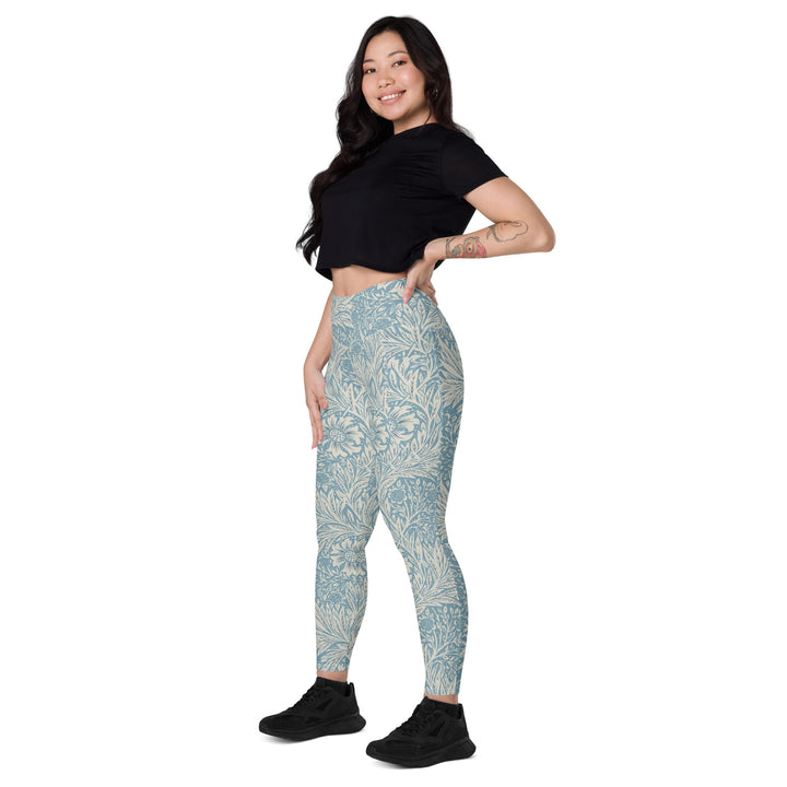 Leggings with pockets - Beige-Blue Flower