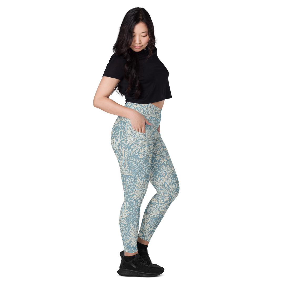 Leggings with pockets - Beige-Blue Flower