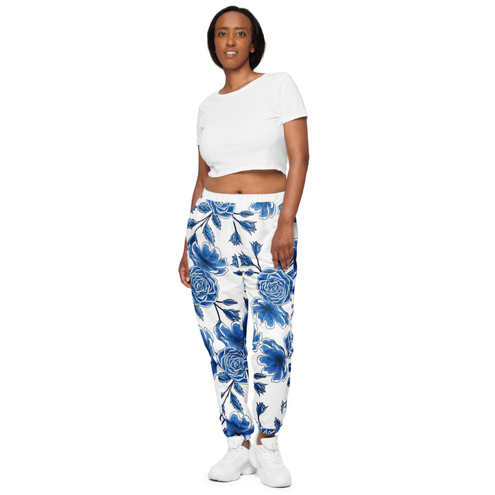 Unisex Track Pants - White-Blue Rose