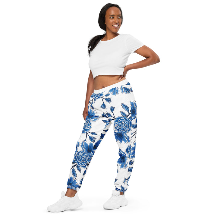 Unisex Track Pants - White-Blue Rose